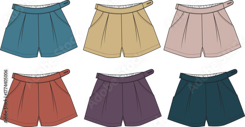 Collection of stylish pleated shorts in a variety of colors, perfect for summer fashion and outfit ideas