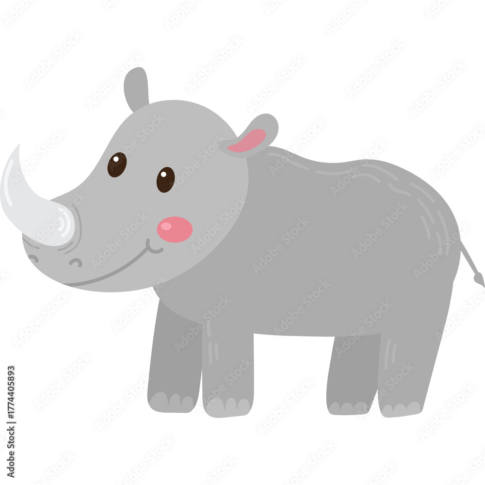 Naklejka premium Cartoon Rhinoceros Isolated On White Background With Pink Cheeks And Big Horn