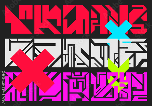 Neo-brutalist geometric vector — horizontal triptych panels of angular, interlocking block glyphs with neon X overlays; stark architectural cutouts in red, magenta, cyan and lime on dark background