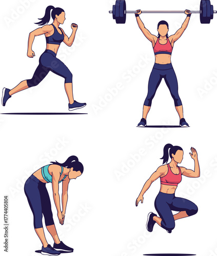 The collection features her running, performing a powerful overhead barbell lift, doing a standing forward fold stretch, and executing an athletic jump.