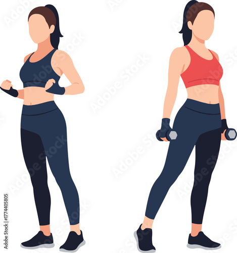 A set of two flat vector illustrations of a faceless athletic woman in workout attire. In one pose, she is ready for a cardio workout with her fists up, and in the other, she holds dumbbells for stren