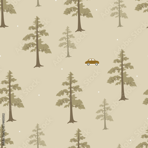 Hand drawn pattern with snow forest and car on gray background. Vector illustration with pine tree , snow and car, winter pattern.