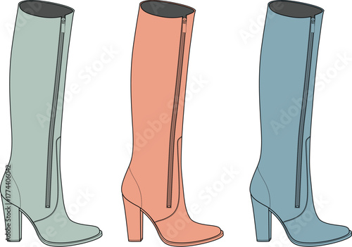 Set of stylish women's high-heeled knee-high boots in various pastel colors. A fashion vector illustration of elegant footwear for women isolated on a white background