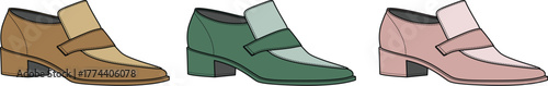 Stylish women's heeled loafers in various colors like brown, green, and pink, presented as a modern flat vector illustration collection for fashion concepts