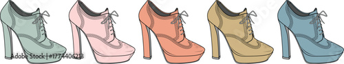 A colorful collection of stylish women's high-heeled oxford shoes in various pastel shades, presented as a fashion footwear illustration