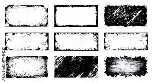 Nine grunge distressed rectangular frames with rough edges border texture