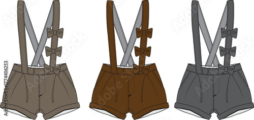 Children's fashion illustration of suspender shorts in three different colors brown, dark brown, and gray with bow details