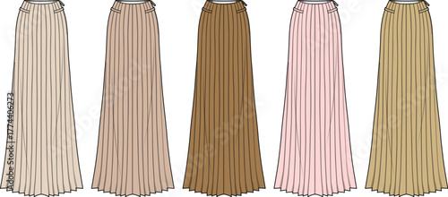 Collection of five long pleated skirts in various pastel and neutral colors, showcasing fashion and clothing design