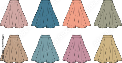 A vibrant collection of women's flared A-line midi skirts presented in a variety of colors. This vector illustration set serves as a fashion design template or technical flat sketch