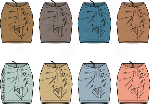 Set of eight draped wrap skirts in various earthy and muted color palettes, showcasing a versatile fashion staple