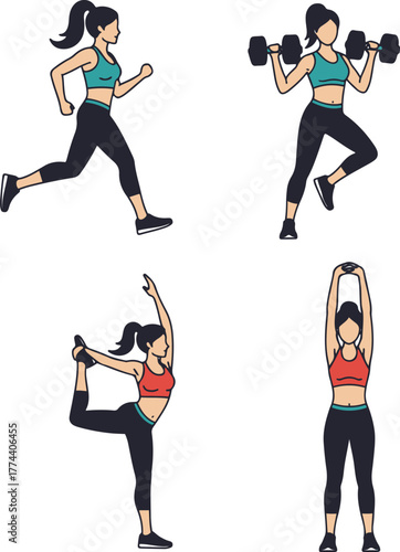 running, squatting with a barbell, performing a dancer's yoga pose, and doing an overhead stretch with a resistance band.