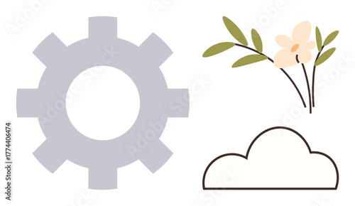 Gear symbol next to a blooming twig and a minimal cloud shape. Ideal for nature, technology, sustainability, innovation, growth, environment, balance, simple flat metaphor