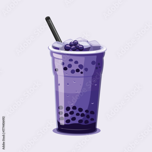 Purple taro milk tea with dark tapioca pearls and straw in a stylish cup.
