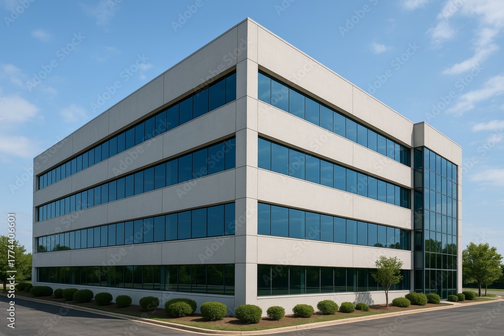 Obraz premium Modern office building exterior with glass windows and minimalist design, surrounded by landscaping under blue sky, concept of corporate architecture. Ai generative