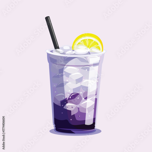 Cool purple lemon drink with ice cubes and a black straw in a glass cup.