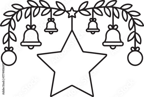 Christmas star ornament with bells and branches holiday