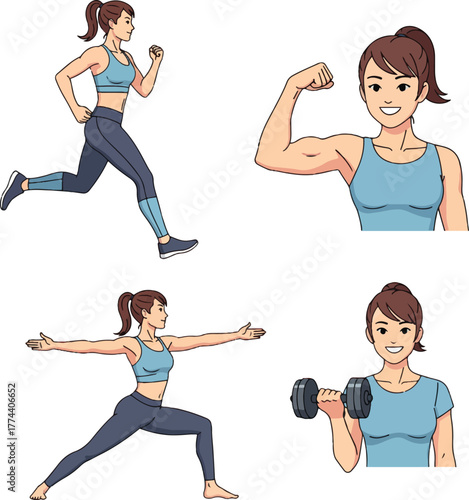 running, flexing her bicep, performing a warrior pose in yoga, and lifting a dumbbell.