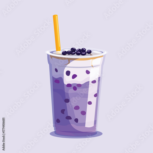 Delicious purple taro bubble tea with tapioca pearls and orange straw in a plastic cup.