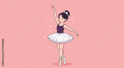 Cartoon ballerina performing graceful ballet pose in white tutu, pink background with sparkles, elegant dance movement, artistic illustration concept