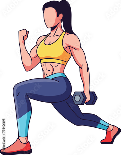  muscular woman performing a lunge while holding a dumbbell, emphasizing strength and fitness.