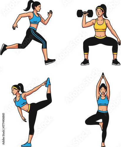 Vector illustration of women performing various fitness exercises: running, squatting with a dumbbell, a dancer yoga pose, and a tree pose in yoga.