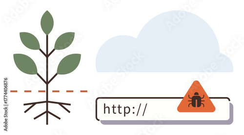 Young plant with roots symbolizes growth and connections. URL with bug alert in warning triangle represents cybersecurity threats. Ideal for growth concepts, online security, system bugs, data