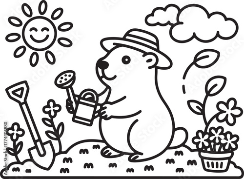 Groundhog Gardening with Watering Can and Sun Keywords: groundhog, gardening, watering can, sun