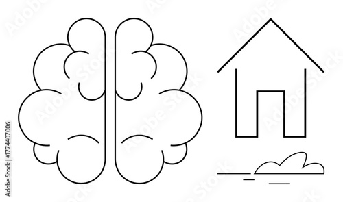 Brain with cloud-thumbs up hemispheres adjacent to a simple house outline and ground details. Ideal for creativity, innovation, home design, learning, imagination, intellect, and mental clarity
