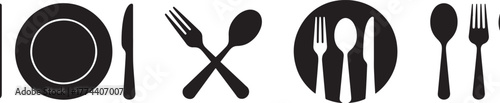Collection of dinnerware and cutlery icons featuring plates forks spoons and knives for dining