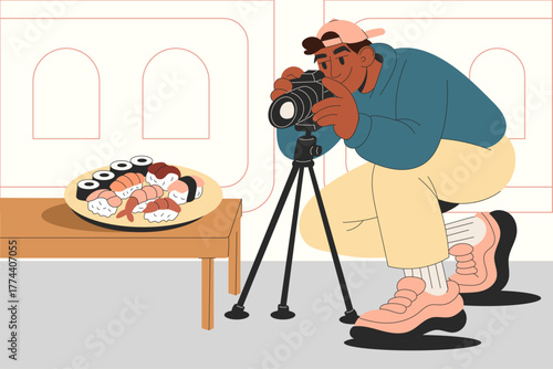 Male food blogger taking photos of sushi for mukbang video and social media content creation