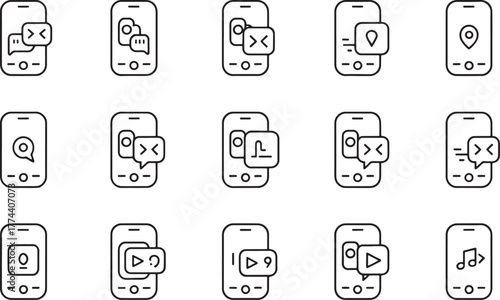 Collection of hand drawn smartphone icons representing various digital functions and media