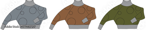 Fashion design technical flat sketches of a women's turtleneck sweater with an asymmetric dolman sleeve and a modern circle pattern in three color variations