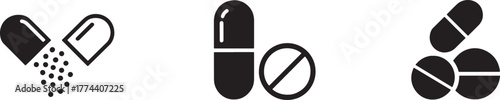 Collection of pharmaceutical icons showcasing pills capsules and medication symbols for health and medicine