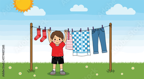 Cartoon illustration of child standing near clothesline with hanging laundry in sunny outdoor field with flowers and blue sky