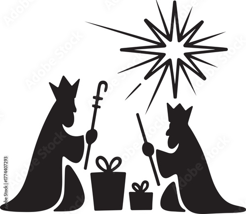 Three Wise Men Silhouettes with Star and Gifts nativity