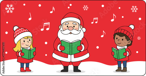 Cartoon illustration of Santa Claus and children singing Christmas carols in snowy festive scene with musical notes and red background