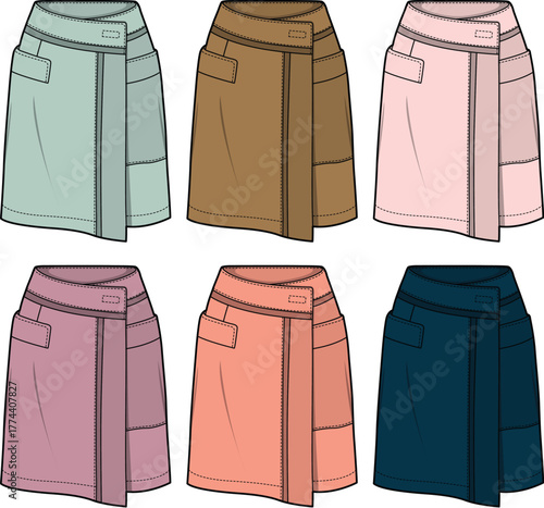 A stylish and versatile collection of women's wrap mini-skirts in various colors, showcasing contemporary casual fashion apparel perfect for everyday wear and diverse wardrobe choices