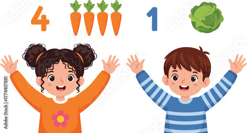 Cartoon illustration of two children counting vegetables with raised hands, showing four carrots and one cabbage on white background