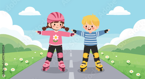 Cartoon illustration of two children roller skating on paved path in sunny outdoor landscape with hills, flowers, and blue sky