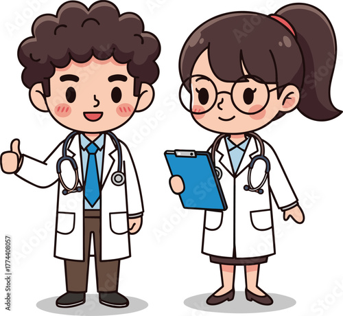 Cartoon illustration of two friendly doctors in white coats with stethoscopes, clipboard, and thumbs-up gesture on white background