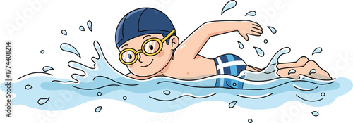 Cartoon swimmer in freestyle stroke with blue swim cap and goggles, water splashes, active swimming motion, sport illustration concept