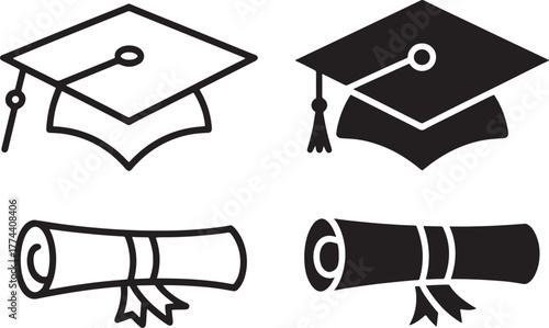 Graduation cap and diploma icons set academic achievement education symbol