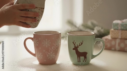 Child's hands pouring hot chocolate into a festive Christmas mug. Close-up of making a warm winter beverage. Cozy holiday season concept