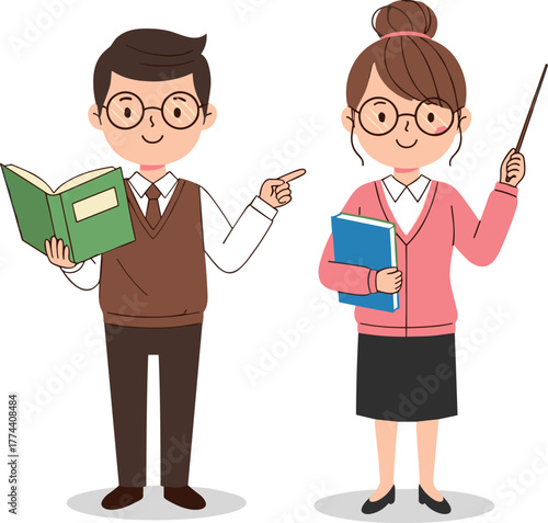 Cartoon teachers standing with books and pointers, male and female educators smiling, classroom characters, education concept, learning illustration