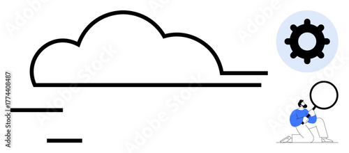 Large cloud with bold lines, gear above for process optimization, person using magnifying glass for analysis. Ideal for cloud computing, data management, research, innovation, tech solutions