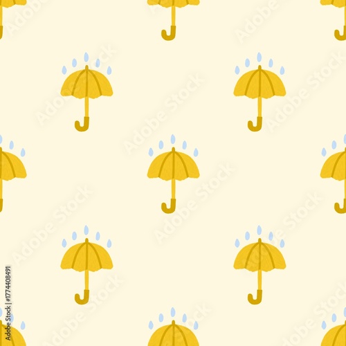 Seamless Umbrella Pattern with Yellow Umbrellas and Raindrops on Light Background for Fabric, Stationery, and Kids Design