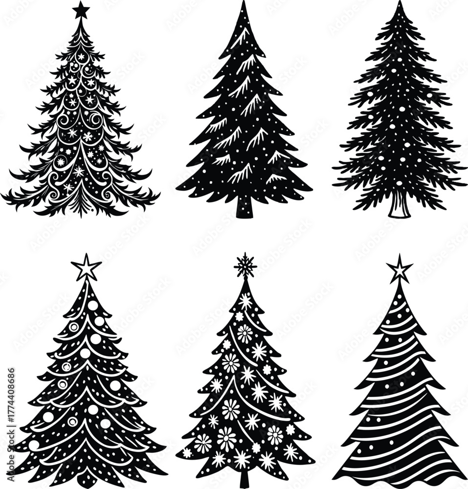 Obraz premium A set of black pine trees vector illustration for a Christmas winter holiday design pattern