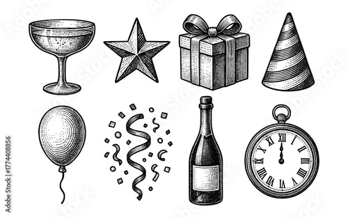 Vintage celebration icons: retro party elements with engraved style