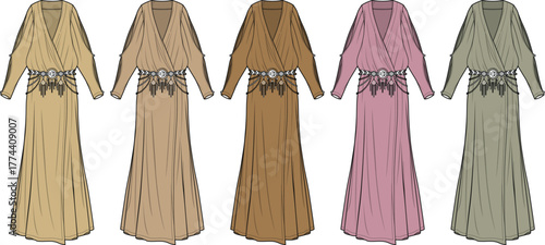 Collection of elegant floor-length gowns in various muted earthy and pastel tones with intricate embellishments along the waistline