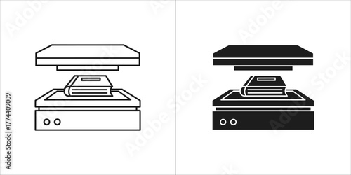 Two icons of a book on a scanner, one outlined and one solid black